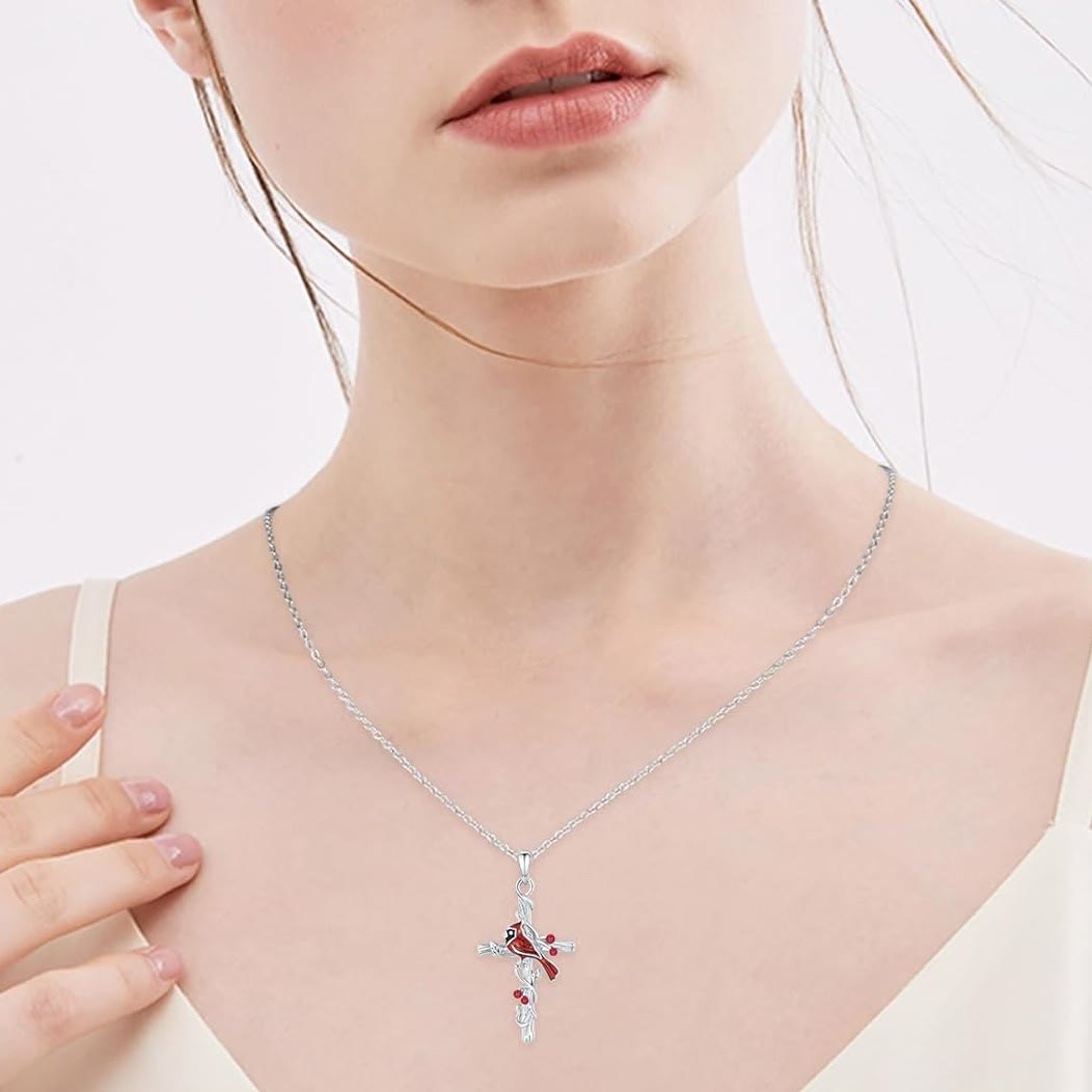 Christiandiscipleshop Crafted Cardinal Necklace Cross Pendant Red Bird Necklace