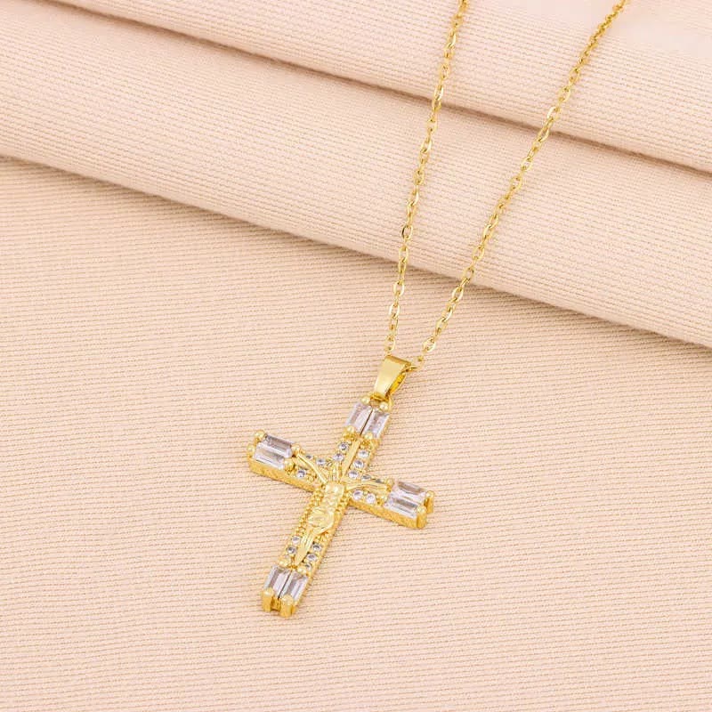 Christiandiscipleshop Retro Bohemian Style Colored Zirconia Cross Titanium Steel Necklace
