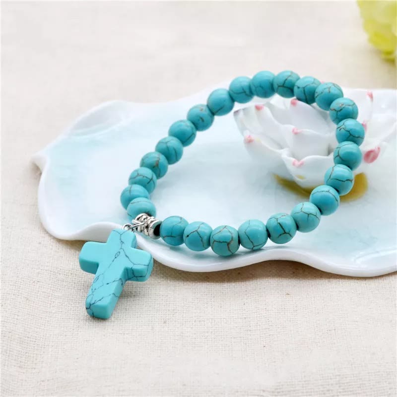 christiandiscipleshop Matte Frosted Turquoise Beads Crucifix Bracelet