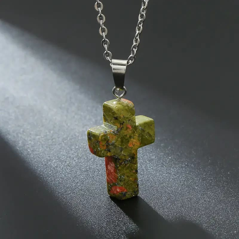 Christiandiscipleshop Natural Stone Cross Gemstone Pendant Necklace