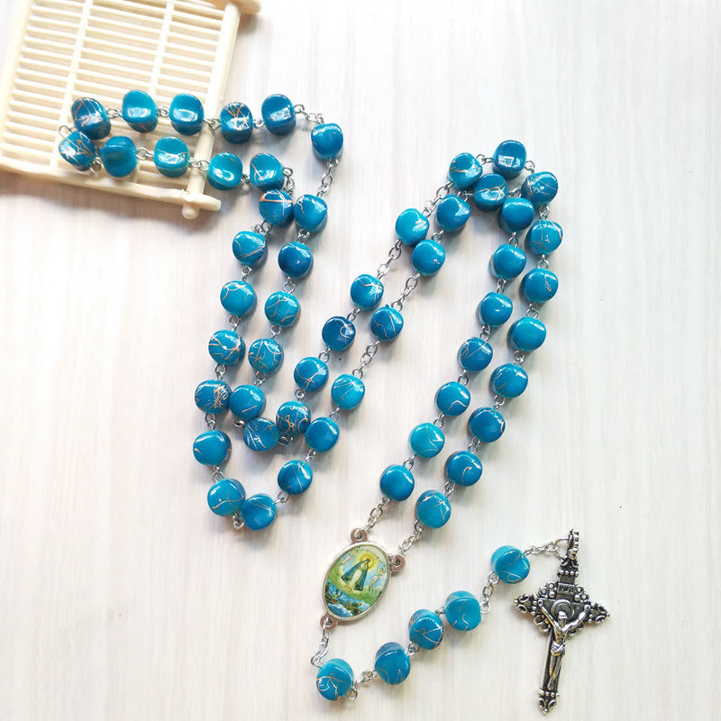 Christiandiscipleshop Our Lady of Guadalupe & Crucifix of 10 mm Polyhedron Peacock Blue Acrylic Alloy Chain Rosary