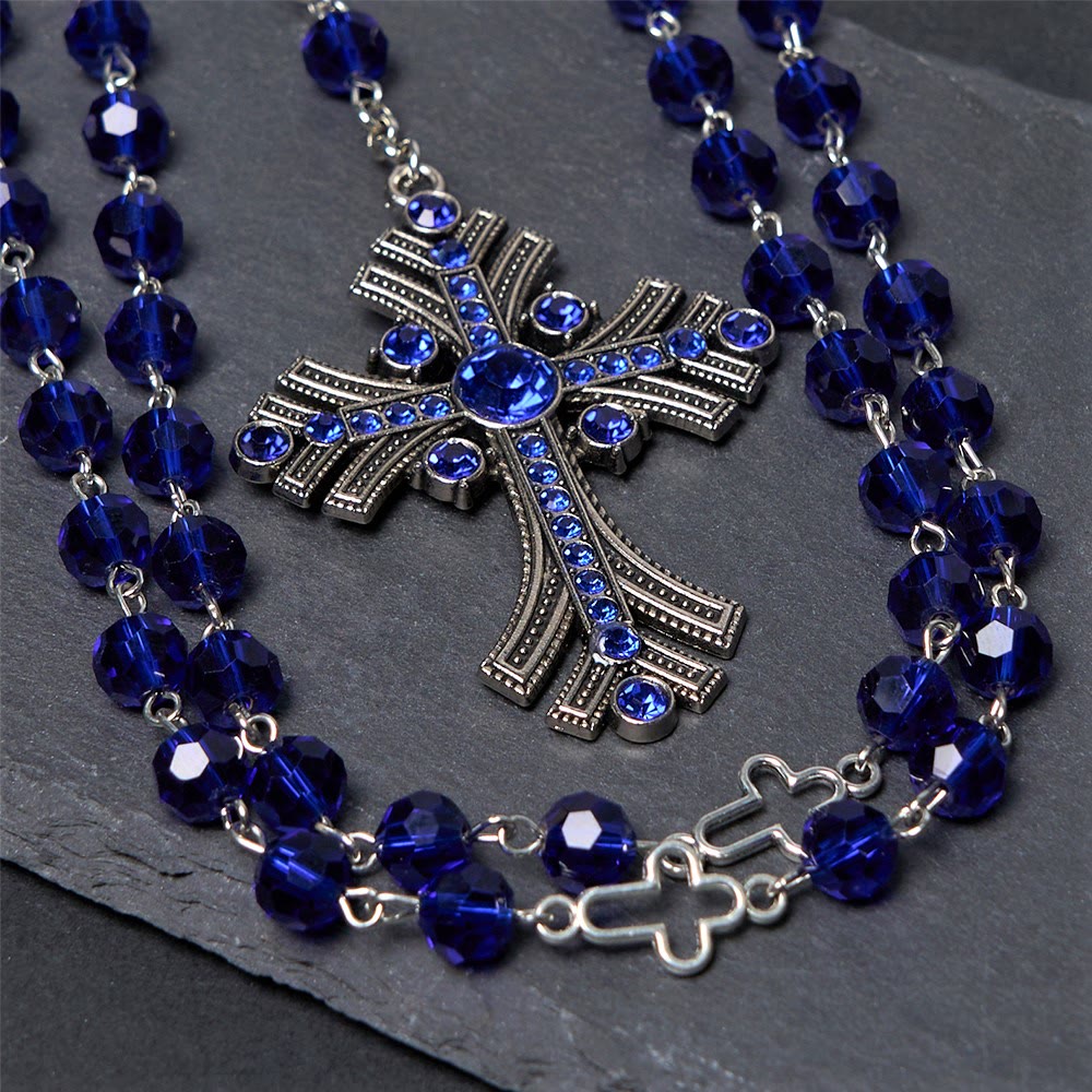 christiandiscipleshop Miraculous Medal & Cross of 8 mm Polyhedron Blue Crystal Alloy Chain Rosary