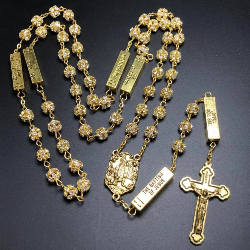 Christiandiscipleshop Our Lady of Fátima & Crucifix of 8 mm Round Golden Metal Gems Alloy Chain Rosary