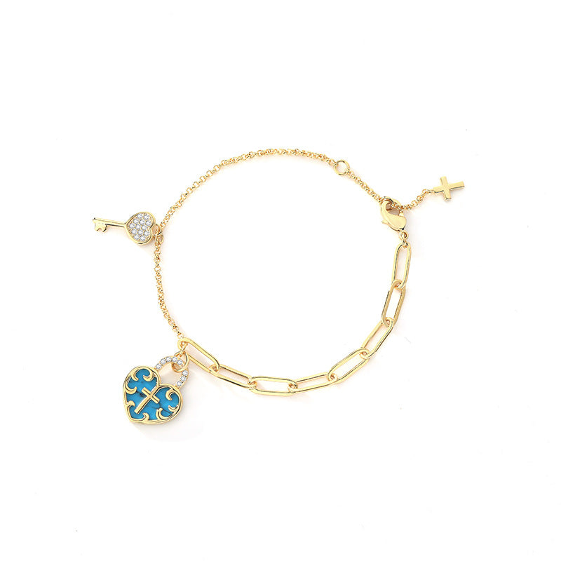 christiandiscipleshop Turquoise Cross Heart-Lock Bracelet with Zirconia Key