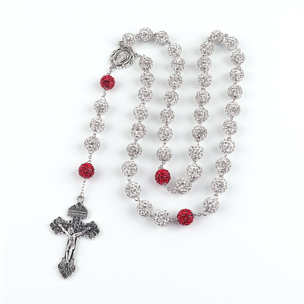 christiandiscipleshop Miraculous Medal & Crucifix of 8 mm Round Silver Metal Gems Alloy Chain Rosary