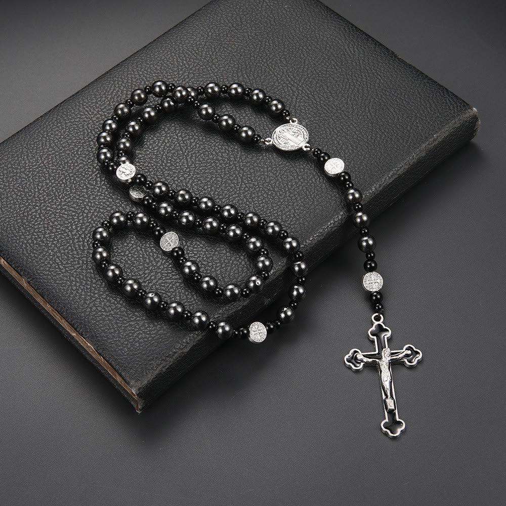 Christiandiscipleshop St. Benedict Medal & Cross of 8 mm Round Black Multi-material Nylon Cord Rosary