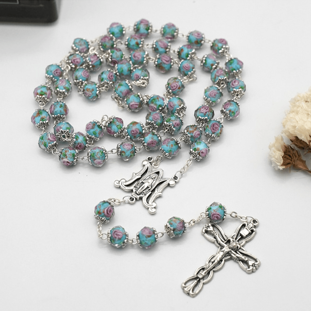 Christiandiscipleshop Glazed Crystal Rose Flower Beads Rosary