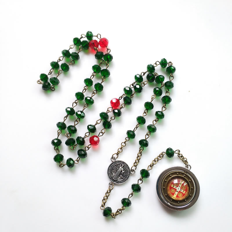 Christiandiscipleshop St. Benedict Medal of 6*8 mm Polyhedron Green Crystal Alloy Chain Rosary