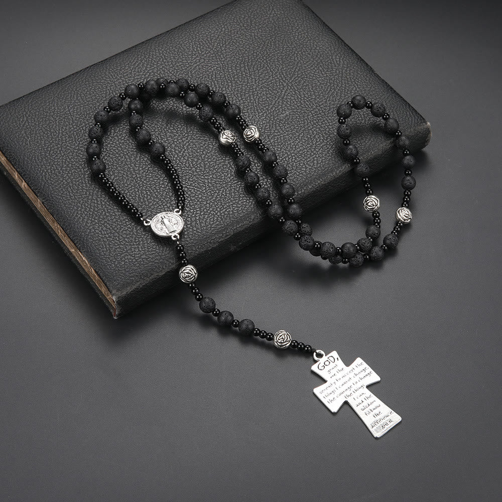Christiandiscipleshop St. Benedict Medal & Cross of 8 mm Round Black Volcanic Stone Nylon Cord Rosary
