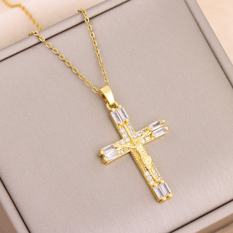 Christiandiscipleshop Retro Bohemian Style Colored Zirconia Cross Titanium Steel Necklace