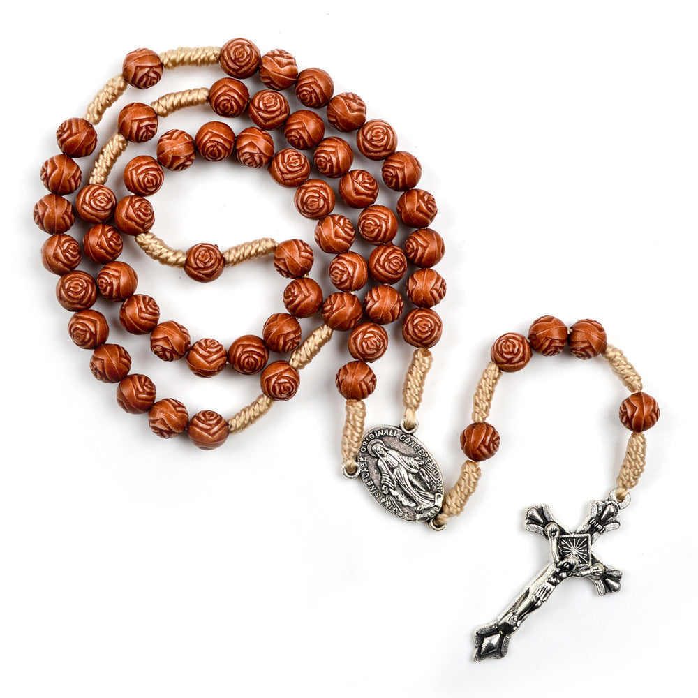 christiandiscipleshop Handmade Rose-Shaped Wooden Bead Rosary: Miraculous Medal & Crucifix