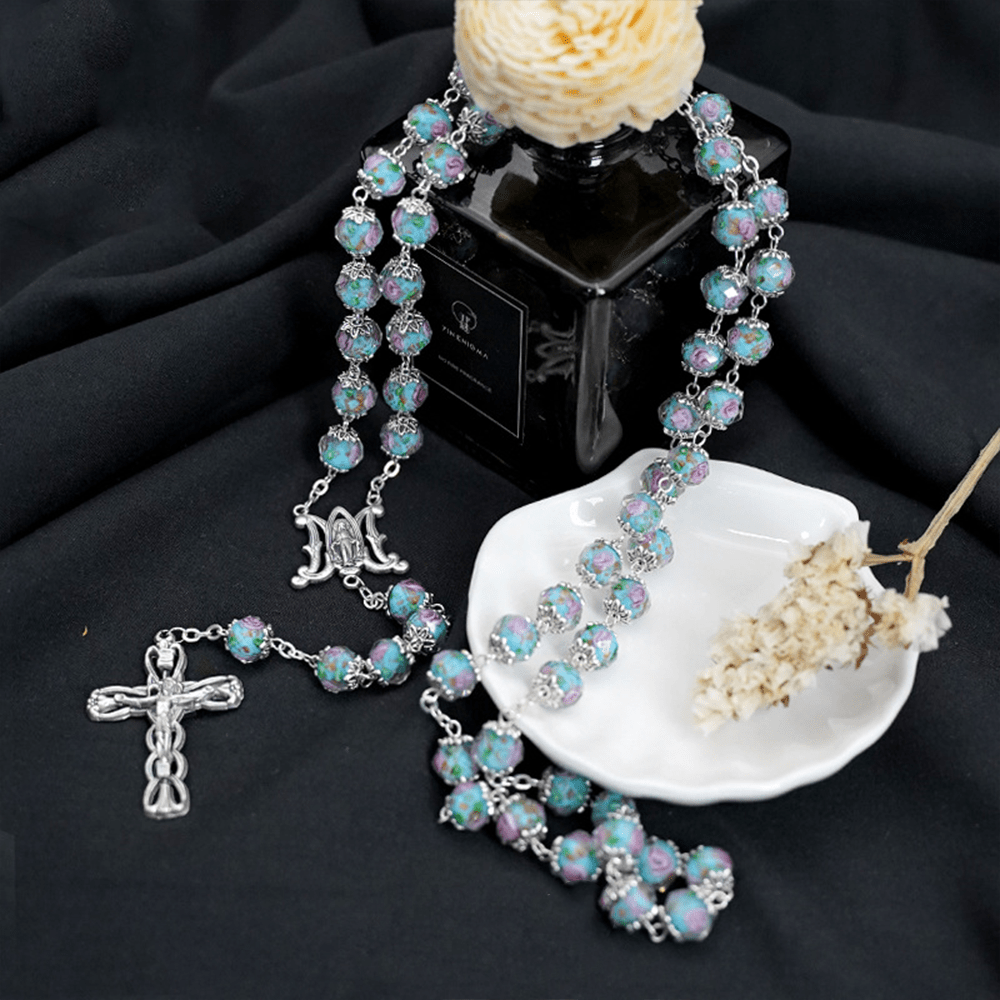 Christiandiscipleshop Glazed Crystal Rose Flower Beads Rosary