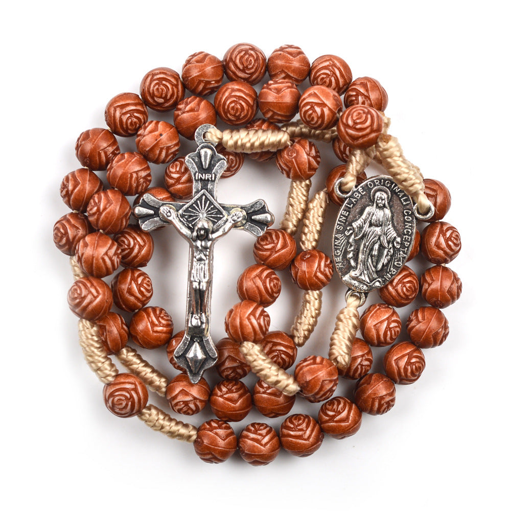 christiandiscipleshop Handmade Rose-Shaped Wooden Bead Rosary: Miraculous Medal & Crucifix