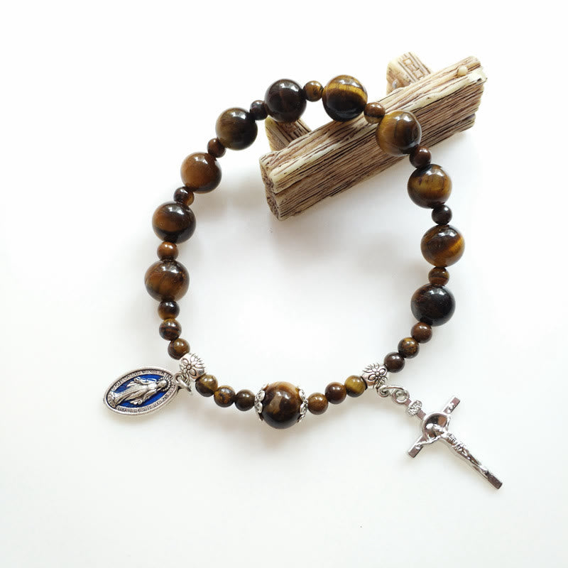 christiandiscipleshop Jesus Cross & Miraculous Medal Tiger Eye Beaded Rosary Bracelet