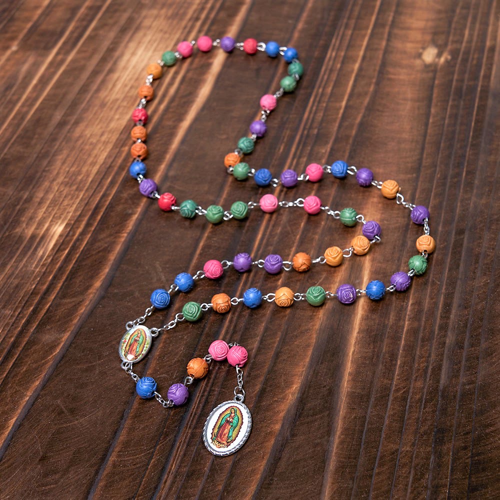 Christiandiscipleshop Our Lady of Guadalupe & Crucifix of 8 mm Rose Multicolor Resin Alloy Chain Rosary
