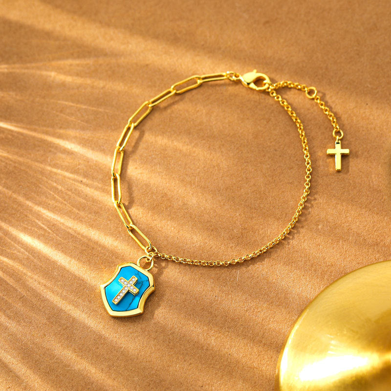 christiandiscipleshop Turquoise Cross Shield Blessing Bracelet with Zircon Stones