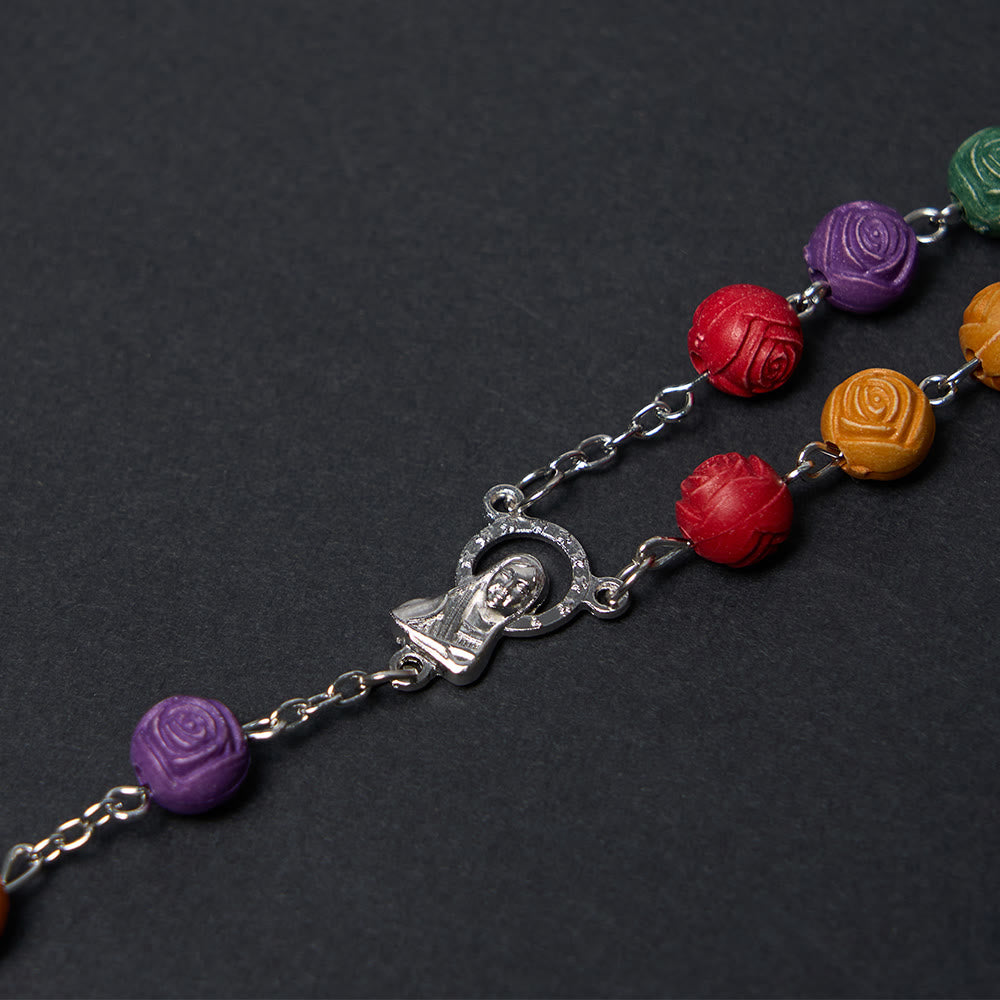 Christiandiscipleshop Our Lady of Guadalupe & Crucifix of 8 mm Rose Multicolor Resin Alloy Chain Rosary