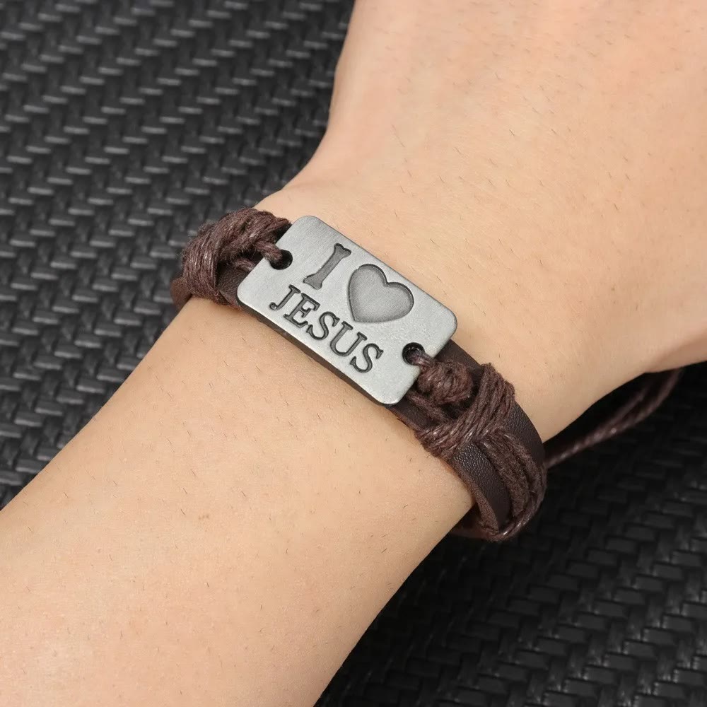 Christianartworkshop "I Love Jesus" Jewelry Cross Adjustable Leather Bracelet