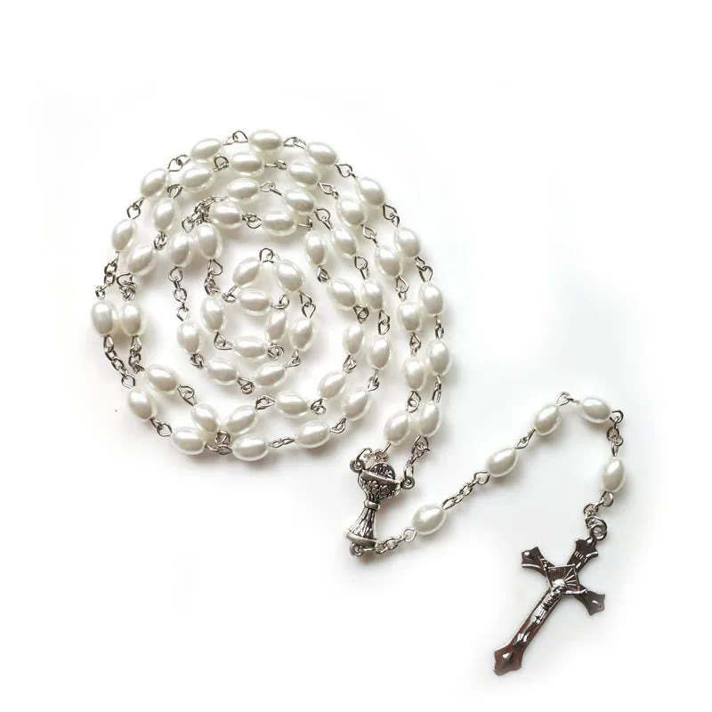 christiandiscipleshop Holy Grail & Crucifix of 6*8 mm Oval White Pearl Alloy Chain Rosary