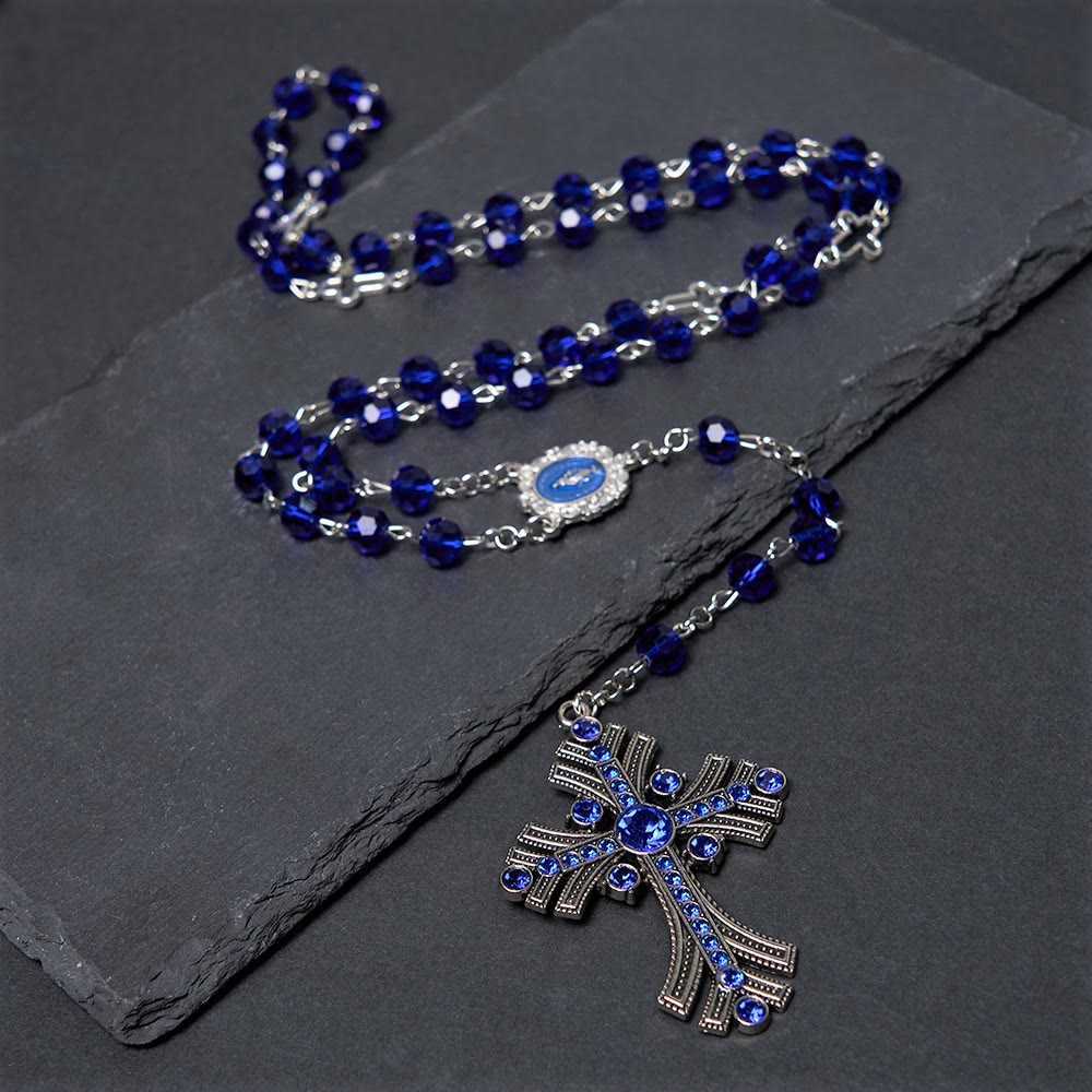christiandiscipleshop Miraculous Medal & Cross of 8 mm Polyhedron Blue Crystal Alloy Chain Rosary