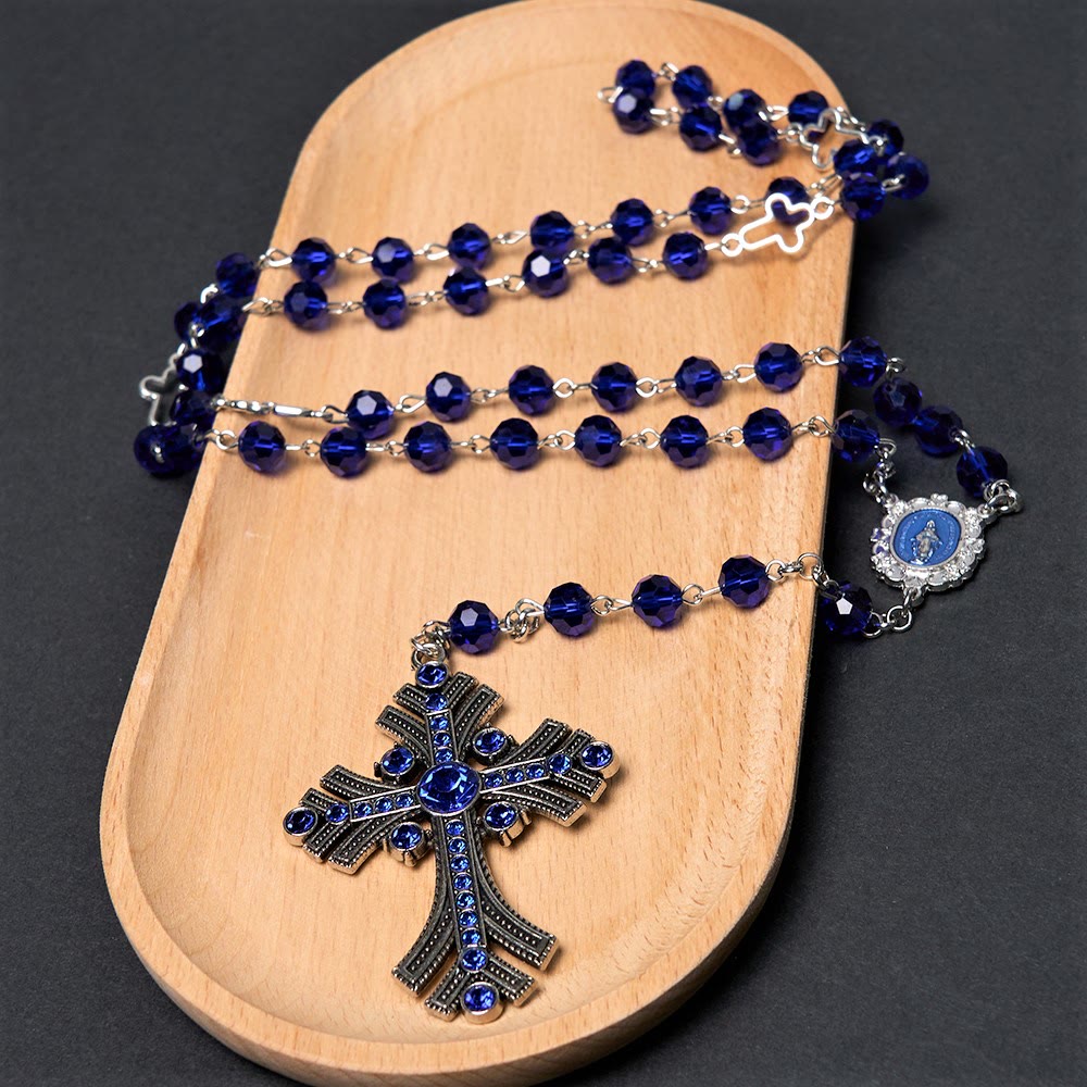 christiandiscipleshop Miraculous Medal & Cross of 8 mm Polyhedron Blue Crystal Alloy Chain Rosary