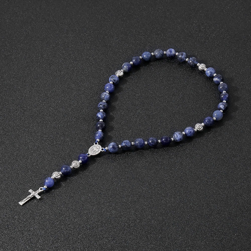 christiandiscipleshop Miraculous Medal & Crucifix of 8 mm Round Multicolor Stone Nylon Cord Rosary