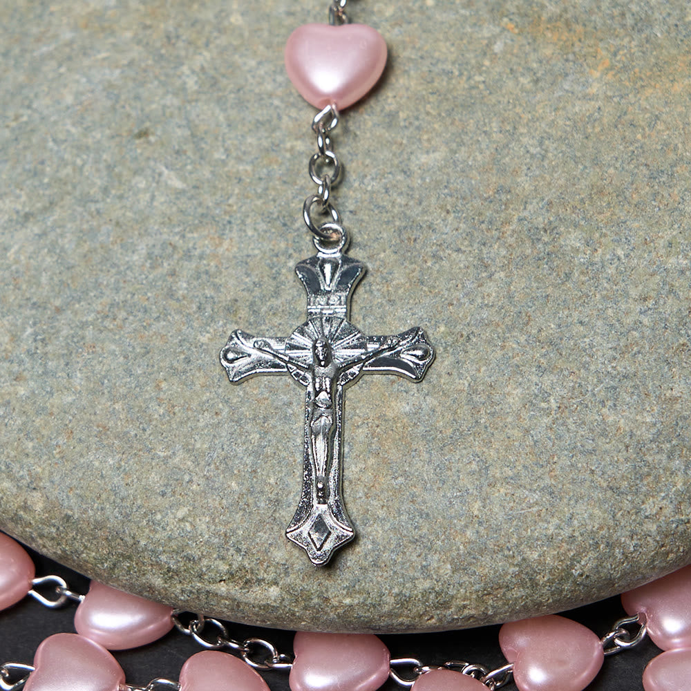 Christiandiscipleshop Our Lady of Fátima & Crucifix of 10 mm Heart Pink Acrylic Alloy Chain Rosary