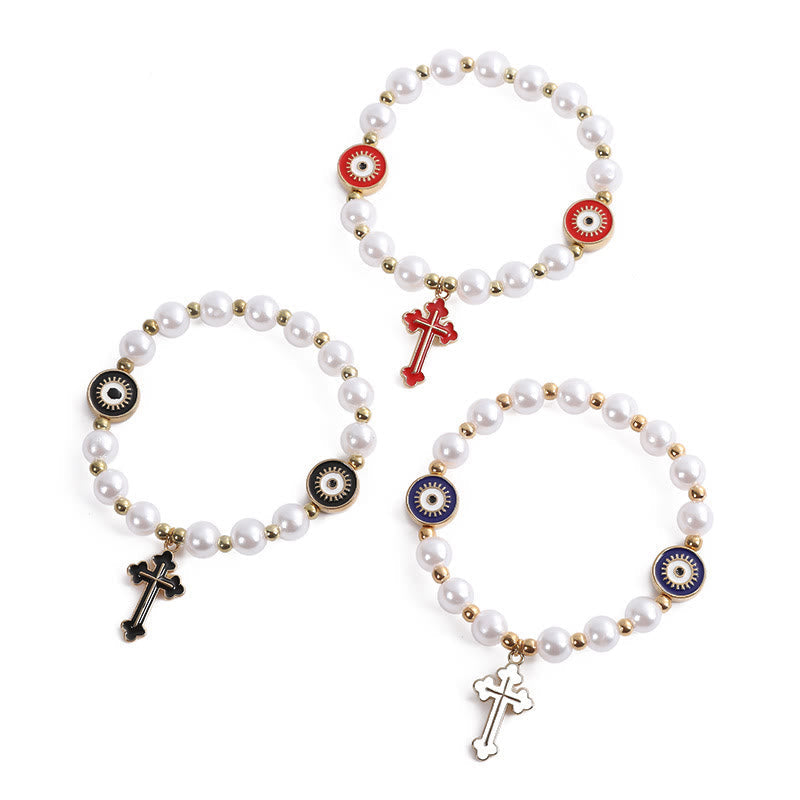 Handmade "Eyes" Beaded Cross Pearl Bracelet