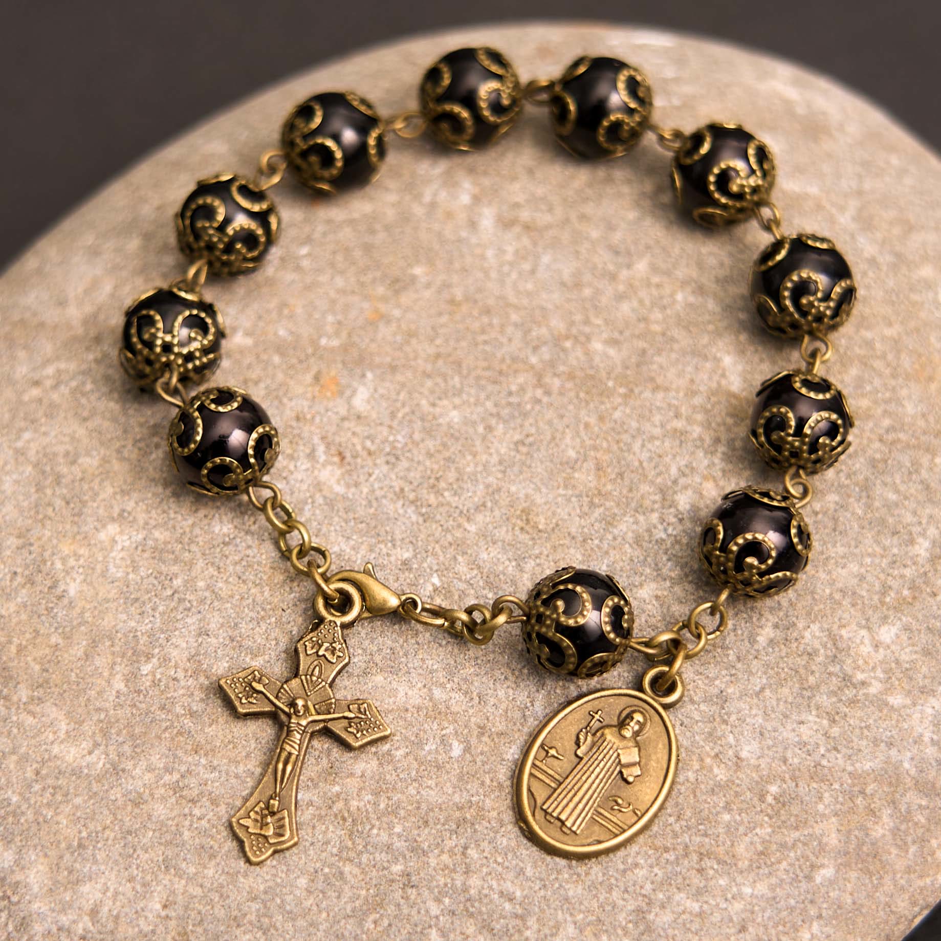 Christiandiscipleshop Crafted Retro Black St. Benedict Medal & Crucifix Rosary Bracelet