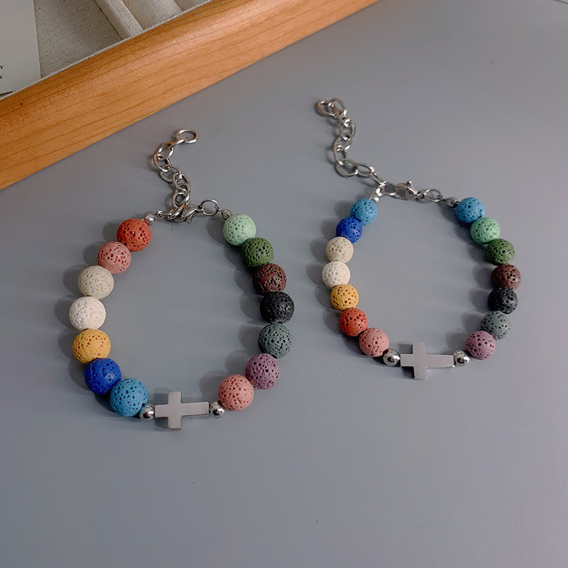 Christianartworkshop Minimalist Style Colored Volcanic Stone Beads Cross Bracelet