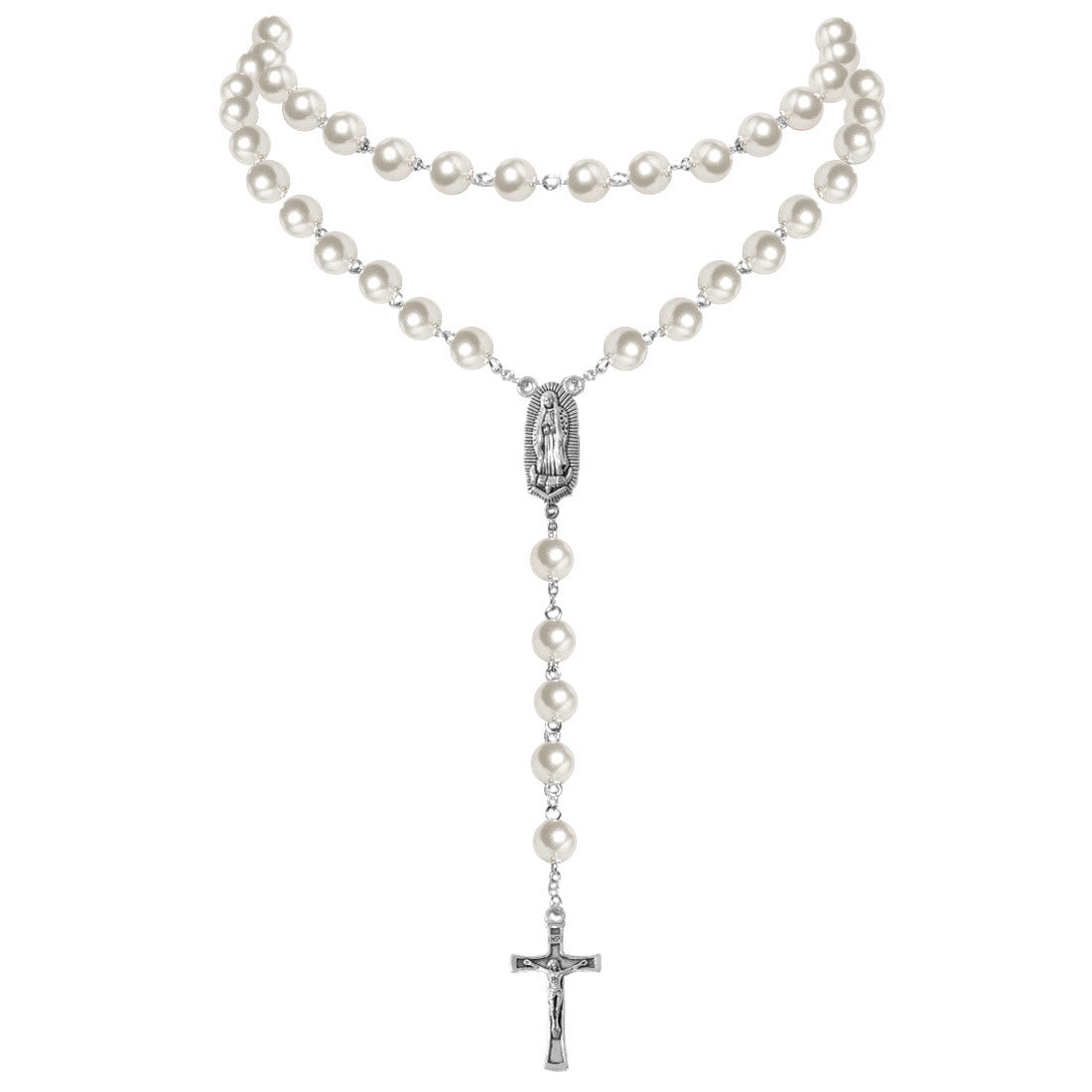 Virgin Mary Medal & Crucifix Pendant Pearl Necklace (4 colors for choice)