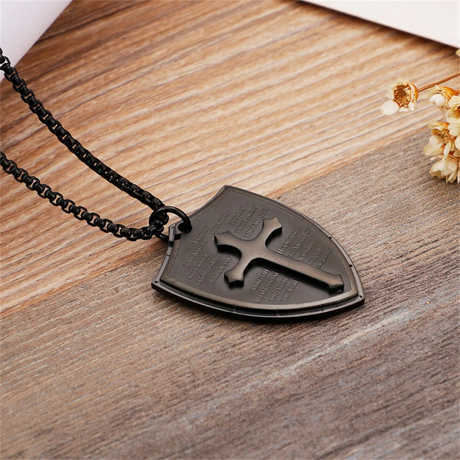 christiandiscipleshop Stainless Steel Lords Prayer Cross Shield Pendant Necklace