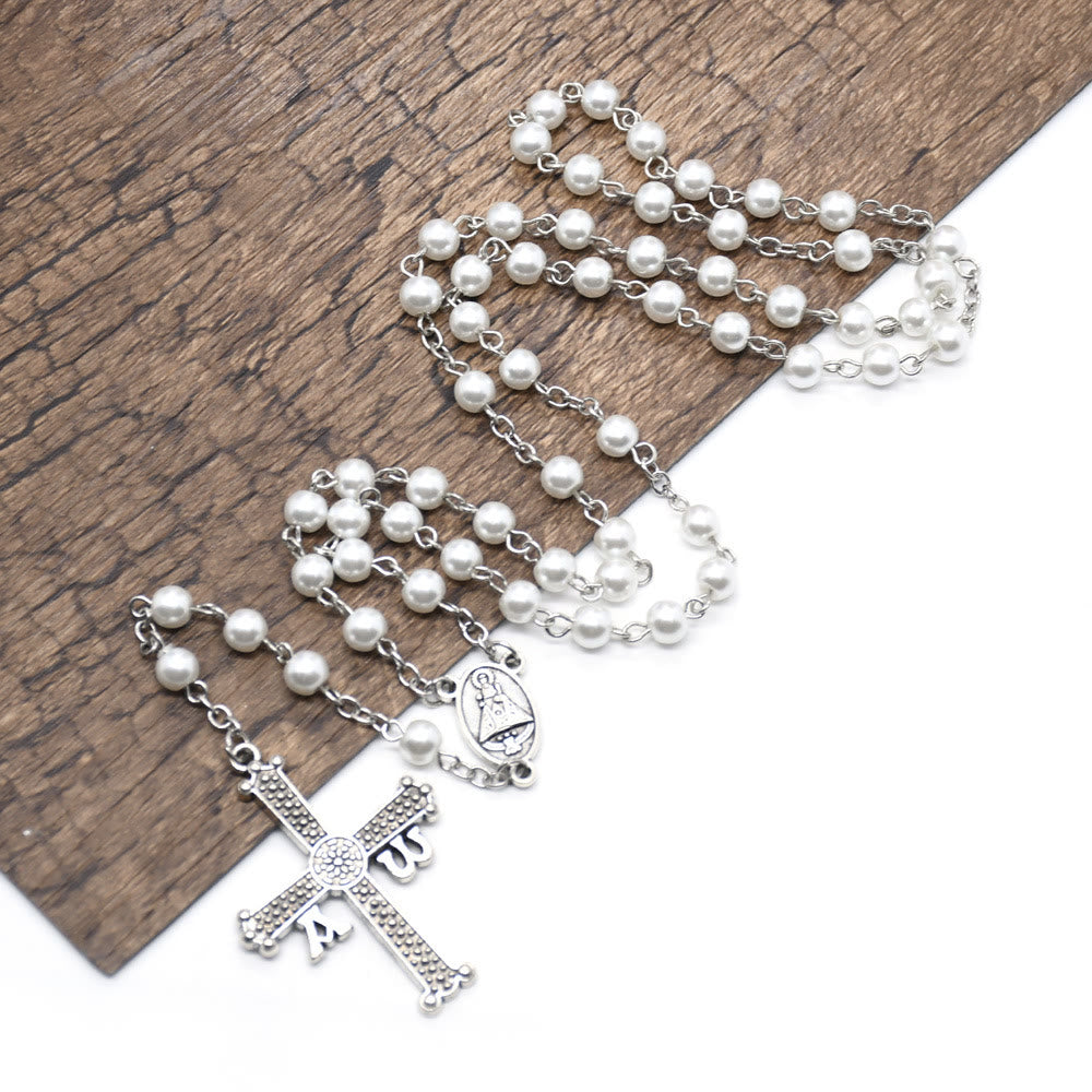 Christiandiscipleshop San Juan del Valle Medal & Cross of 6 mm Round White Glass Alloy Chain Rosary