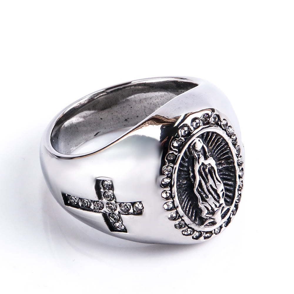 christiandiscipleshop Virgin Mary Stainless Steel Ring Cross Sign Catholic Rings for Religious Jewelry