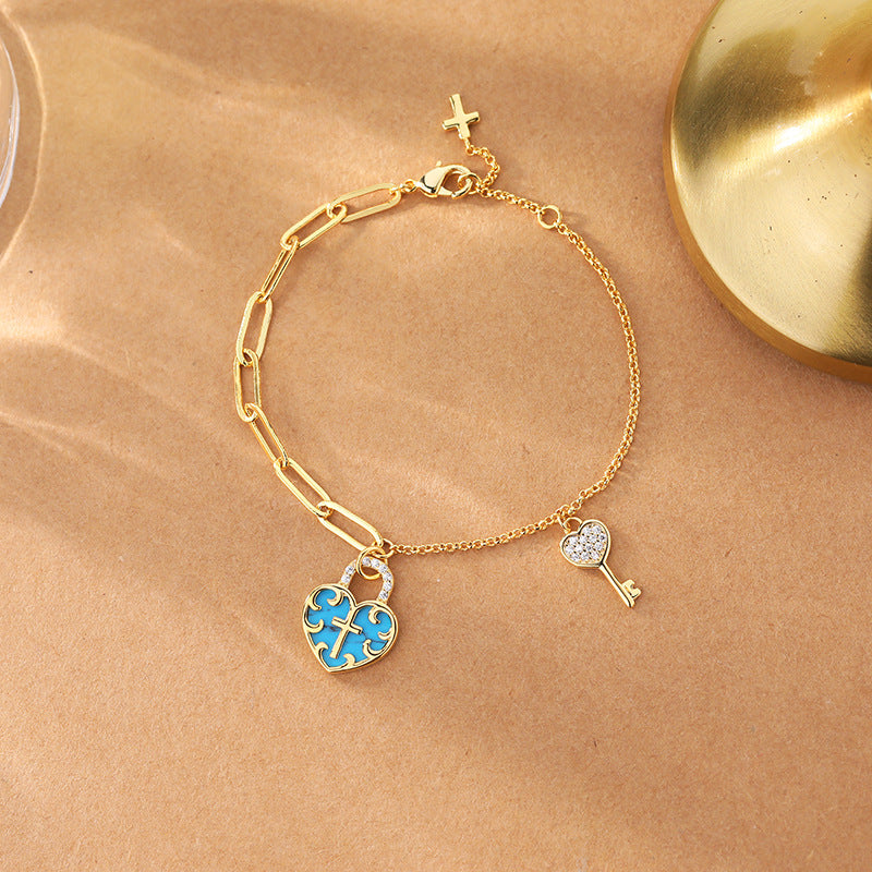 christiandiscipleshop Turquoise Cross Heart-Lock Bracelet with Zirconia Key