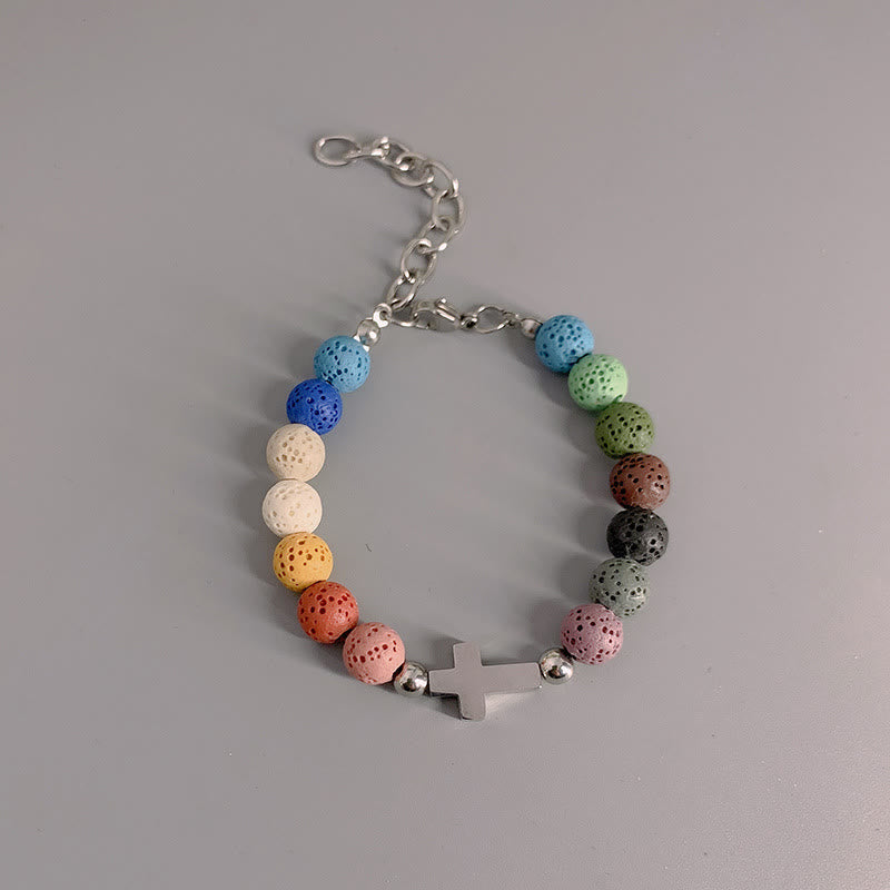 Christianartworkshop Minimalist Style Colored Volcanic Stone Beads Cross Bracelet