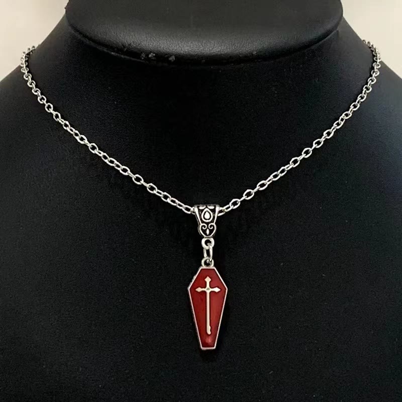 Christiandiscipleshop Gothic Style Red Enamel Halloween Vampire Coffin Cross Necklace
