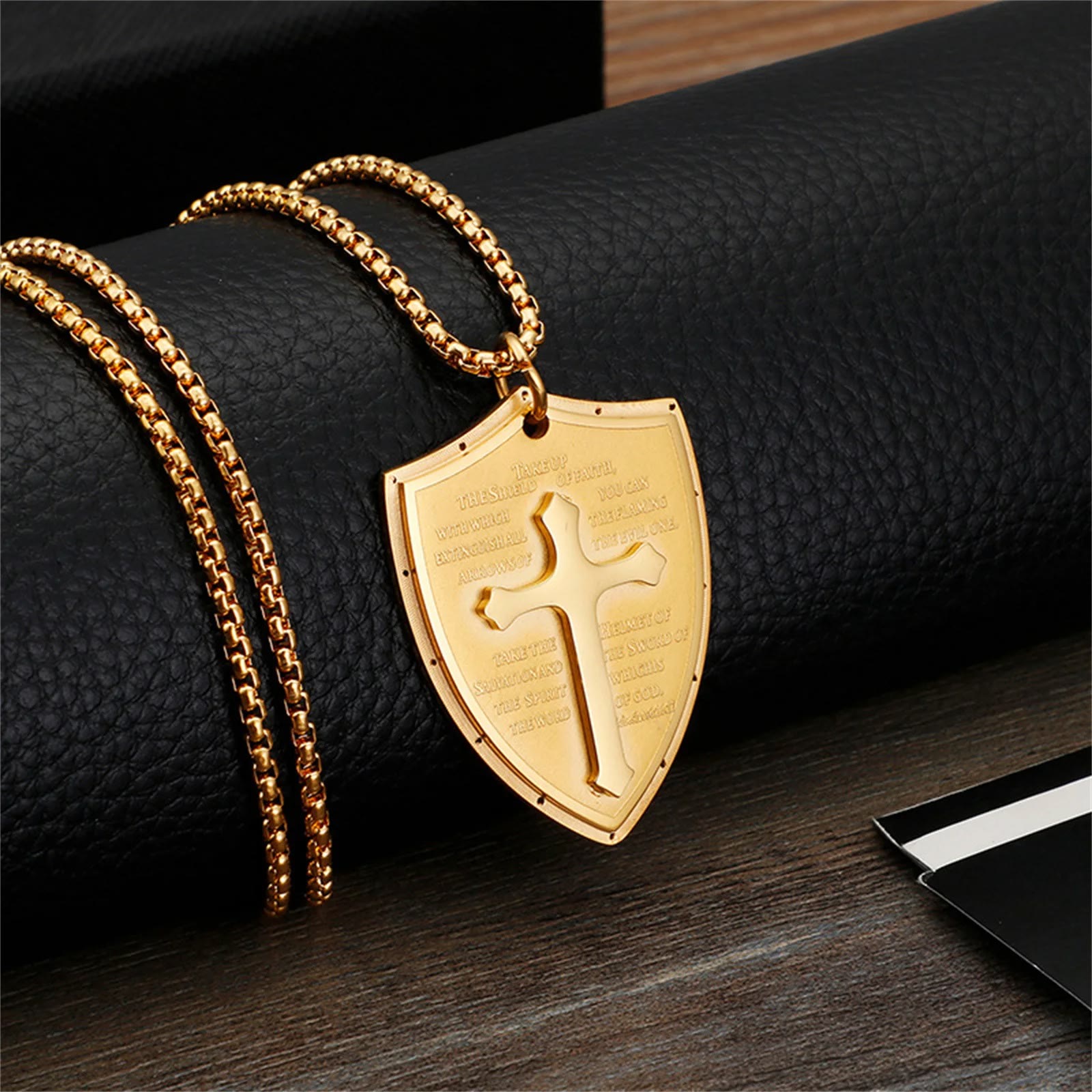 christiandiscipleshop Stainless Steel Lords Prayer Cross Shield Pendant Necklace