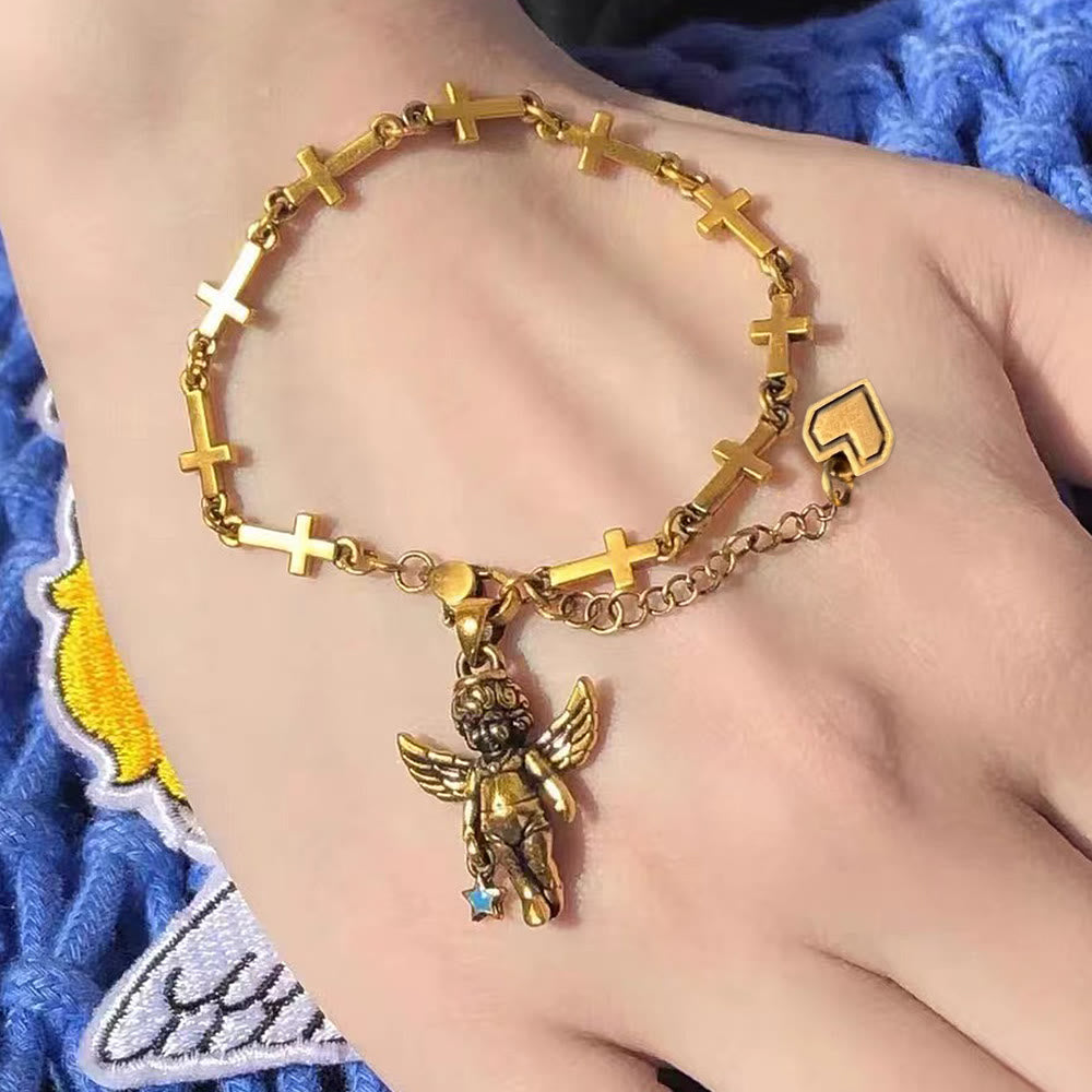 Christiandiscipleshop Retro Style Bronze Lucky Star Angel & Heart Cross Bracelet