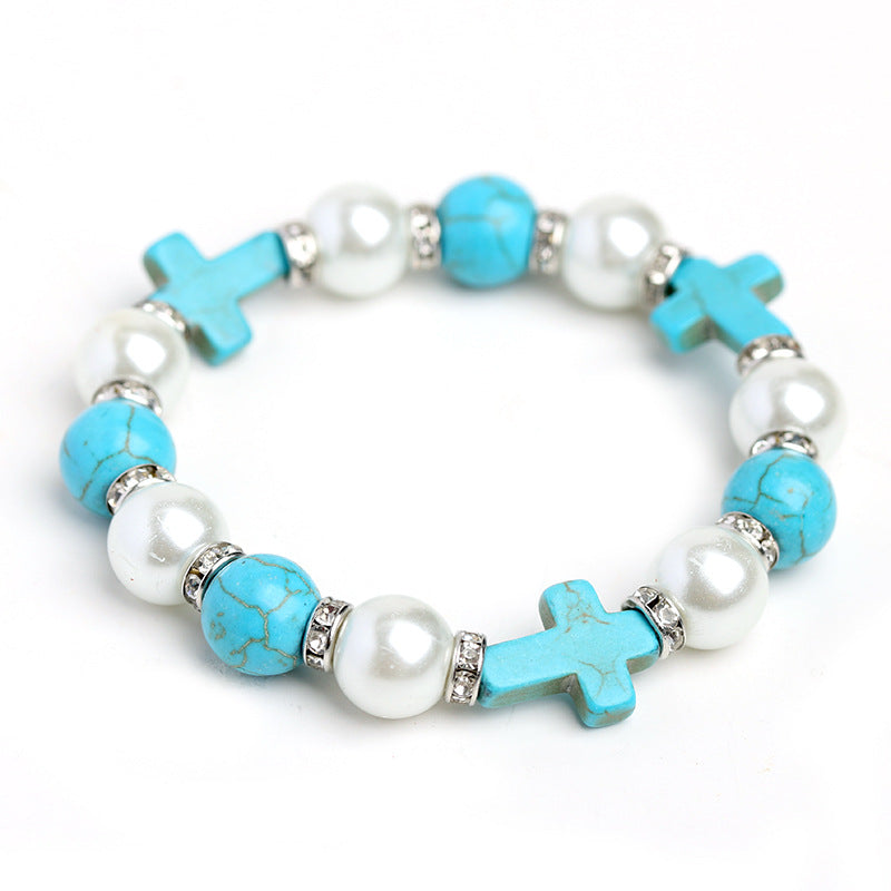 Christiandiscipleshop Pearl & Turquoise Cross Healing Energy Bracelet