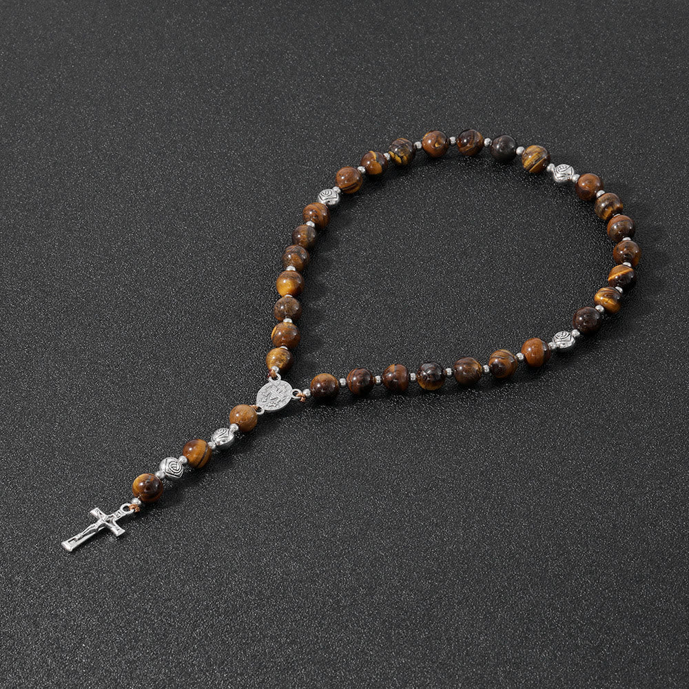 christiandiscipleshop Miraculous Medal & Crucifix of 8 mm Round Multicolor Stone Nylon Cord Rosary