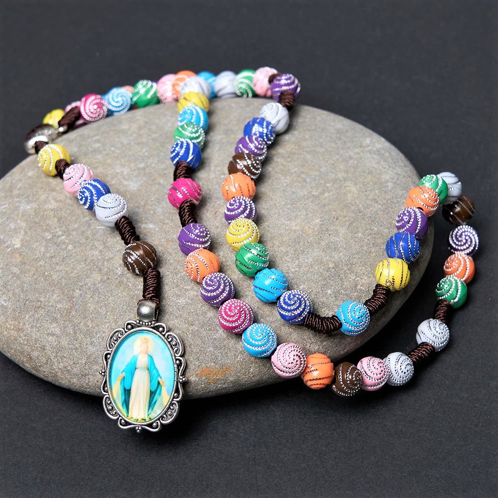 christiandiscipleshop Holy Grail & Miraculous Medal of 8 mm Round Multicolor Acrylic Nylon Cord Rosary