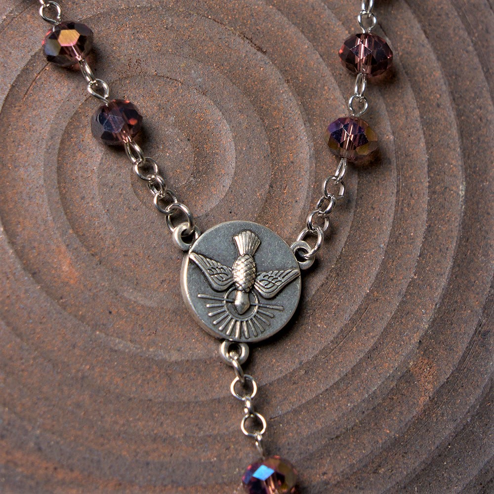 christiandiscipleshop Holy Spirit & Our Lady of Grace of 6*8 mm Polyhedron Purple Crystal Alloy Chain Rosary