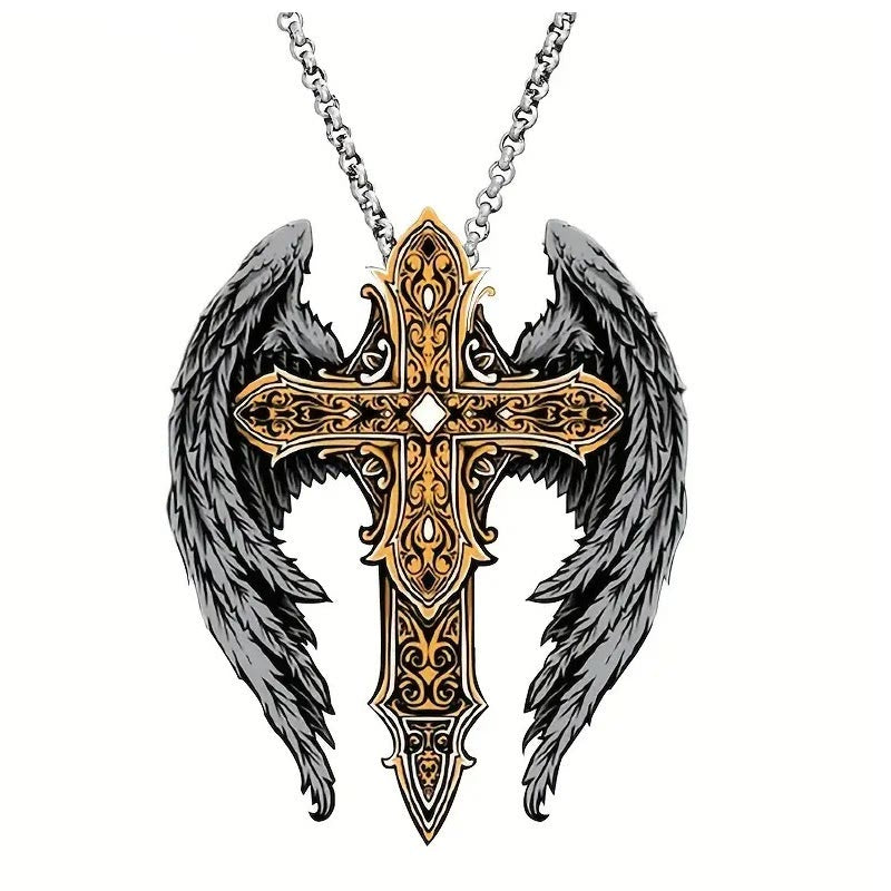 christiandiscipleshop Heavy Style Protection Wings & Crafted Cross Alloy Necklace