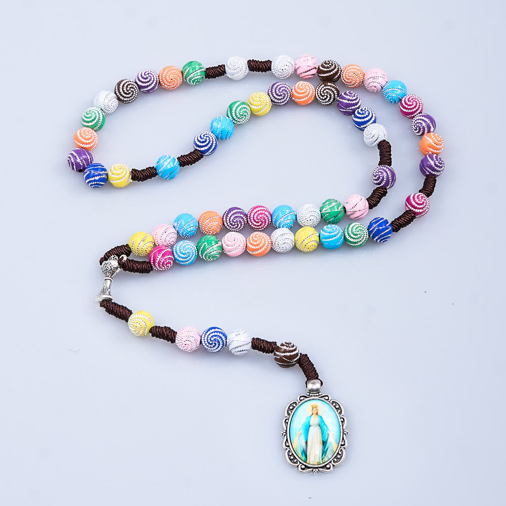 christiandiscipleshop Holy Grail & Miraculous Medal of 8 mm Round Multicolor Acrylic Nylon Cord Rosary