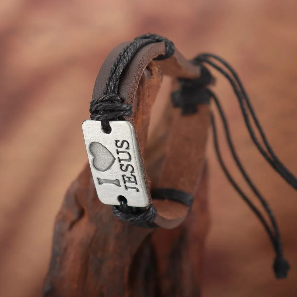 Christianartworkshop "I Love Jesus" Jewelry Cross Adjustable Leather Bracelet