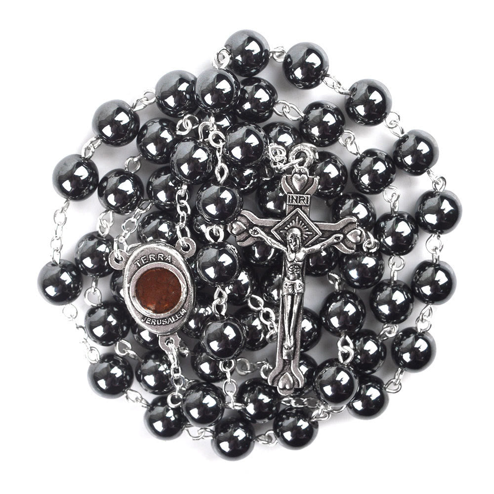 christiandiscipleshop Madonna and Child & Crucifix of 8 mm Round Black Hematite Alloy Chain Rosary