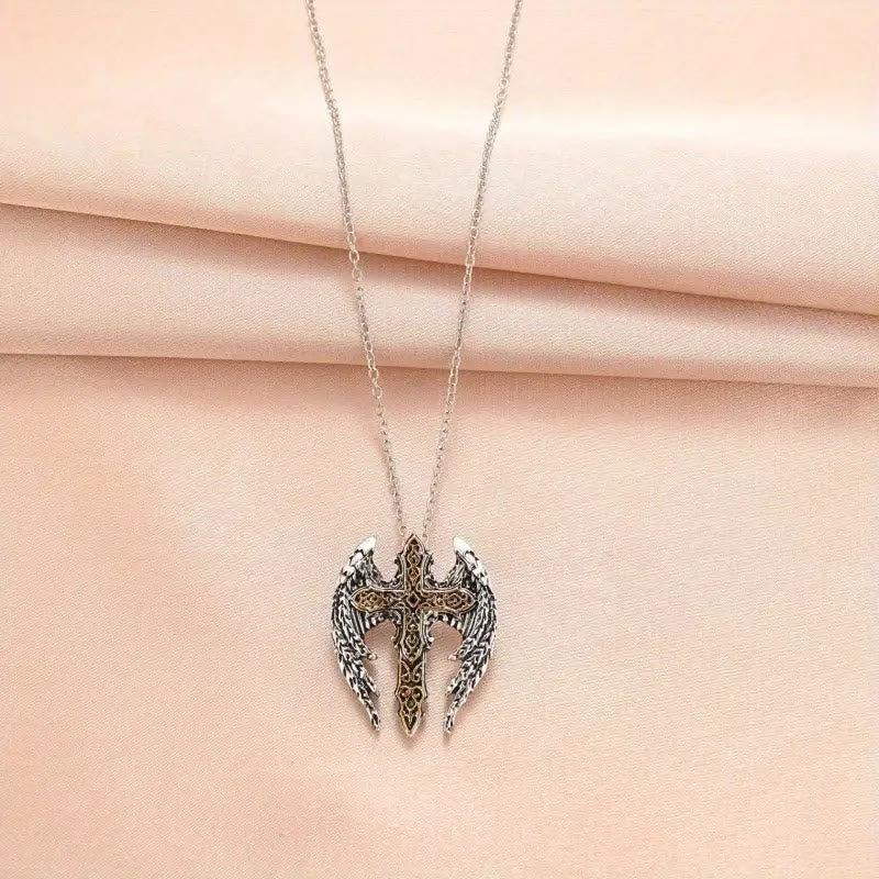 christiandiscipleshop Heavy Style Protection Wings & Crafted Cross Alloy Necklace