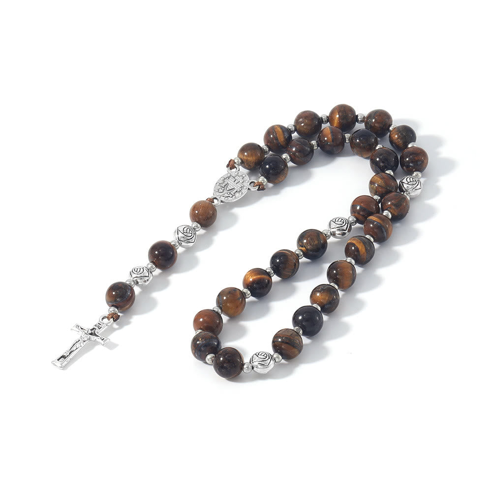 christiandiscipleshop Miraculous Medal & Crucifix of 8 mm Round Multicolor Stone Nylon Cord Rosary