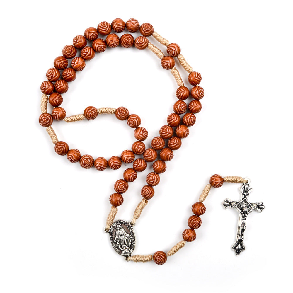christiandiscipleshop Handmade Rose-Shaped Wooden Bead Rosary: Miraculous Medal & Crucifix